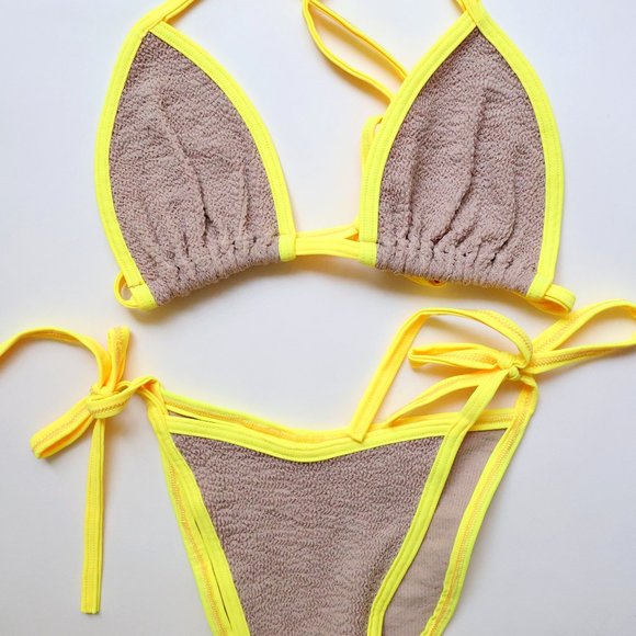 BohoRose Yellow + Nude Flesh Tone Tan Cream 2 Piece High Cut Bikini Set - M or L - Picture 1 of 2